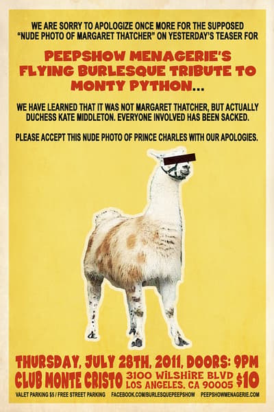 Peepshow Menagerie's Flying Burlesque Tribute to Monty Python Jul 28, 2011 Los Angeles