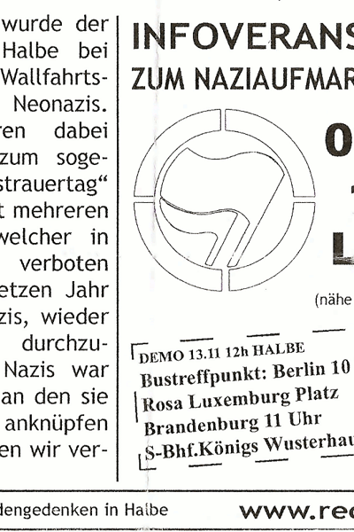 Bündnis gegen das Heldengedenken in Halbe Nov 7, 2004 Berlin