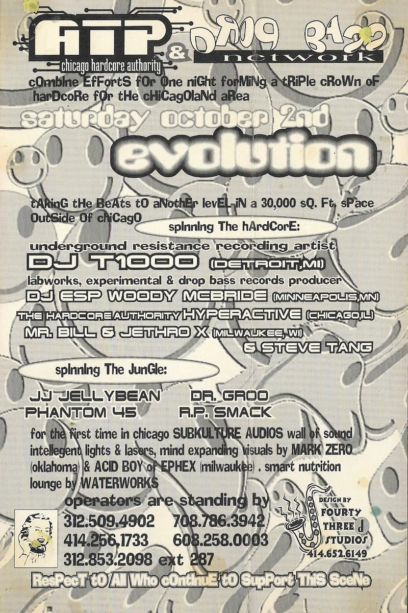 Phantom 45, Jethro X, DJ ESP Woody McBride, Mr. Bill, DJ T1000 - at Evolution - Chicago area (outside Chicago), IL - Oct 2, 1993