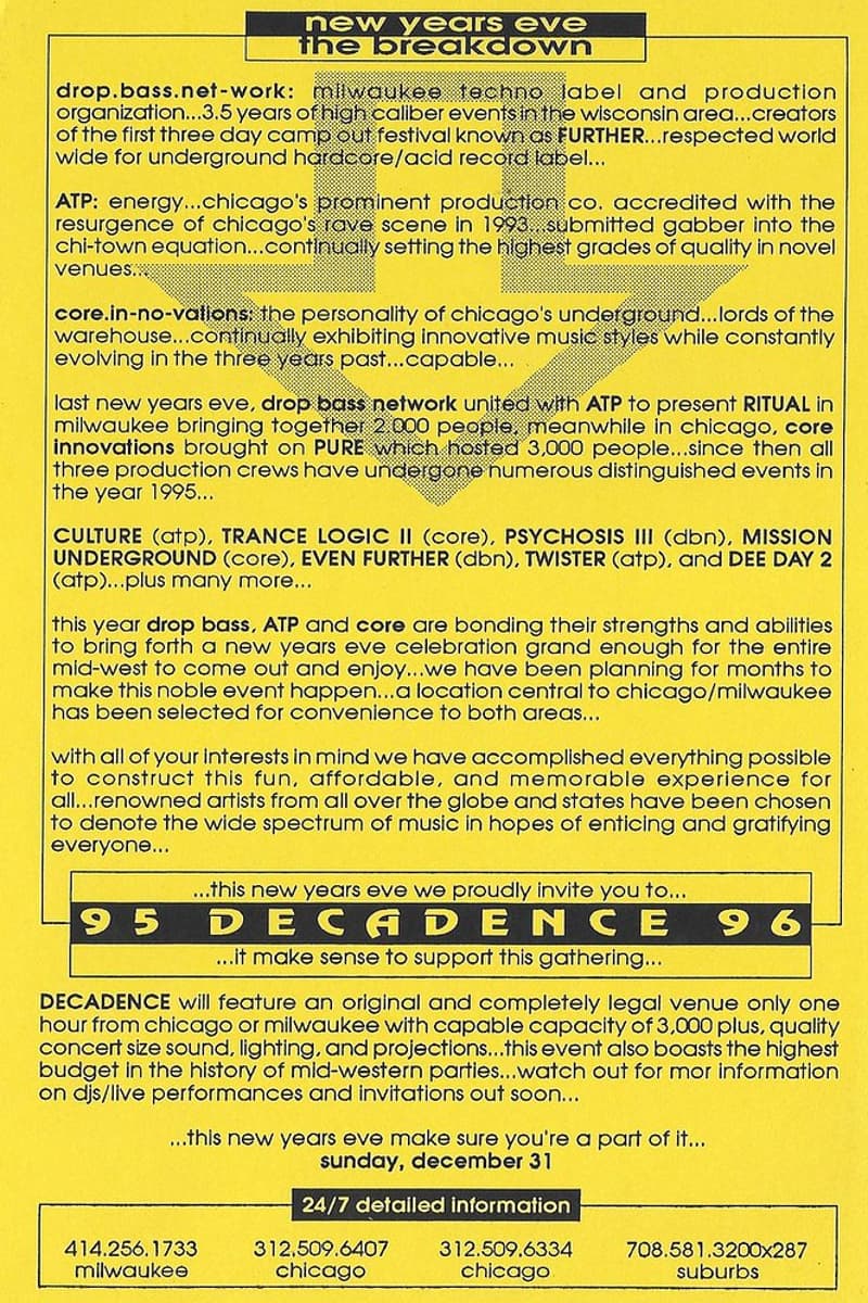 Dee Day 2 (ATP), Mission Underground (Core), Psychosis III (DBN), Trance Logic II (Core), Even Further (DBN) - at Decadence 95/96 - Between Chicago and Milwaukee (central location), IL/WI - Dec 31, 1995