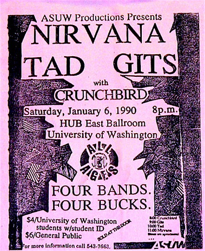 Crunchbird, Nirvana, TAD, GITS - at HUB East Ballroom, University of Washington - Seattle, WA - Jan 6, 1990