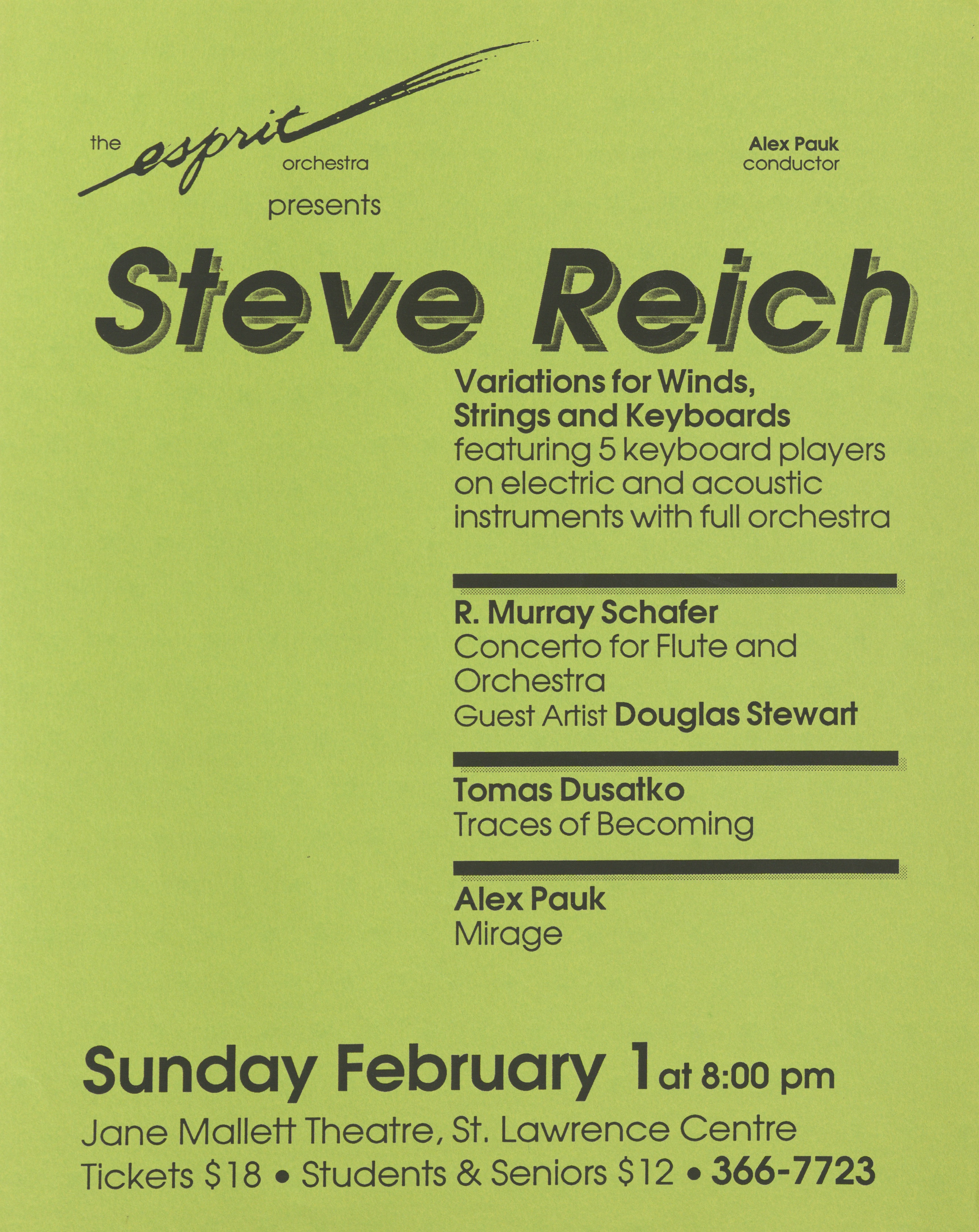 Tomas Dusatko, Steve Reich, Alex Pauk, Douglas Stewart, R. Murray Schafer - at Jane Mallett Theatre, St. Lawrence Centre - Toronto