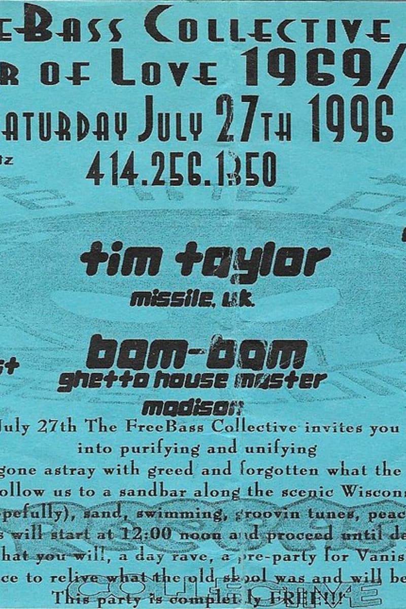 DJ Slip (Communique Records, Minneapolis), Bam-Bam (Ghetto House Master, Madison), Casper (Chicago/Boston Junglist), Oryan (Drop Bass Network, Milwaukee), Tim Taylor (Missile UK) - at Sandbar along the scenic Wisconsin River - Madison area, WI - Jul 27, 1996