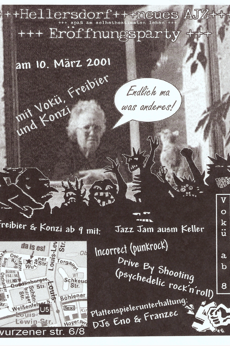 Drive By Shooting, Plattenspielerunterhaltung DJ Eno & Franzec, Jazz Jam ausm Keller, Eröffnungsparty Neues AJZ Hellersdorf, Incorrect Punkrock - at Neues AJZ Hellersdorf (La Casa) - Berlin (Hellersdorf) - Mar 10, 2001