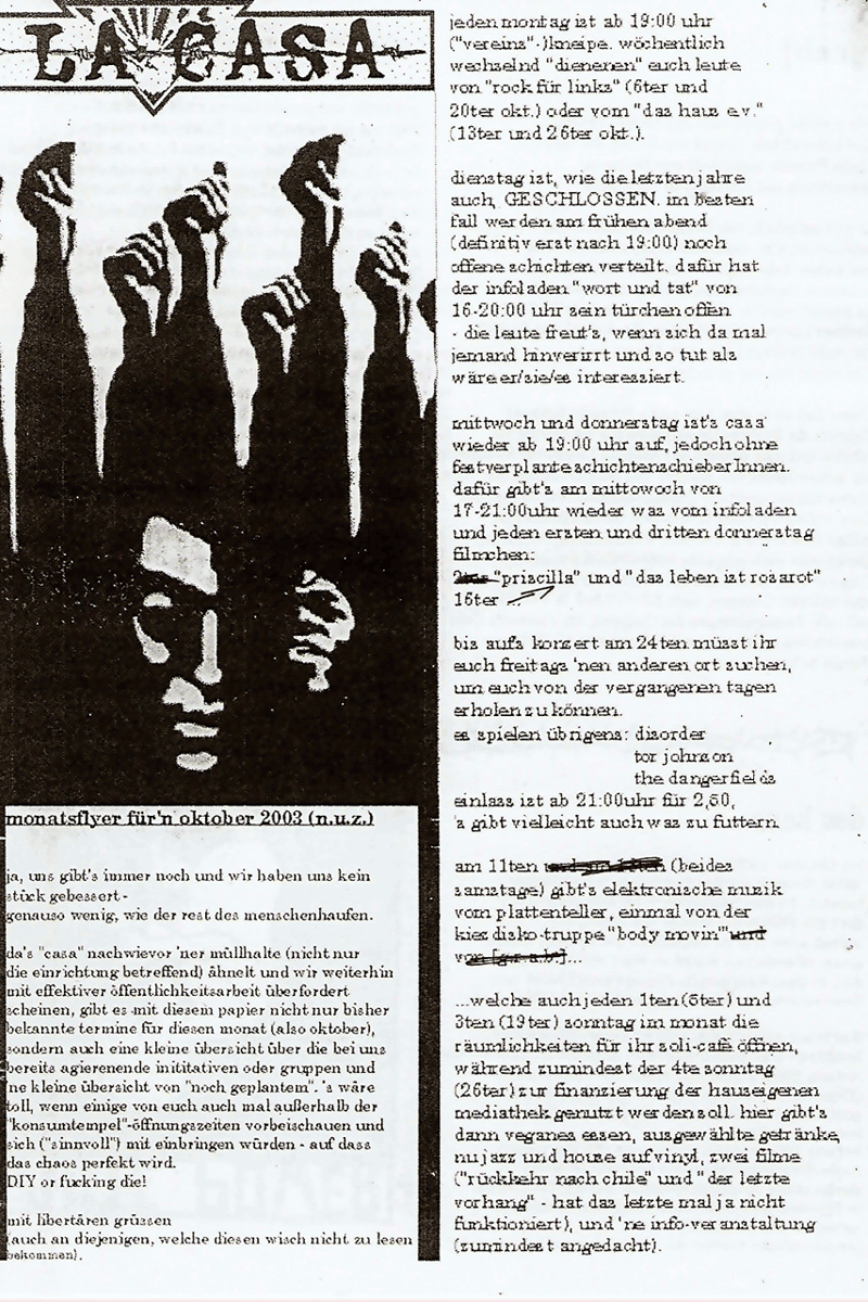 Disorder, Monatsflyer für'n oktober 2003, Tor Johnson, The Dangerfields, Infoladens "Wort und Tat" - at La Casa - Berlin - Oct 1, 2003