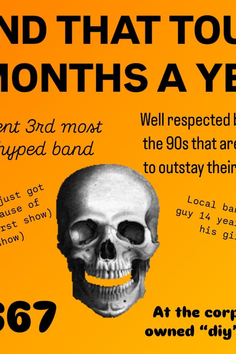 Well respected band from the 90s, Band That Tours 11 Months A Year, Four kids who just got into hxc because of turnstile (first show) (last show), Local band with that guy 14 years older than his girlfriend, The current 3rd most internethyped band - at Corporate owned 'DIY' venue