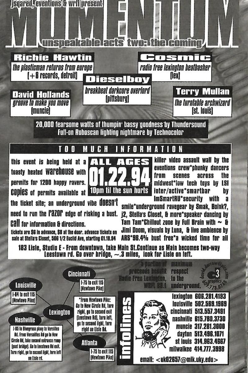 Terry Mullan, David Hollands, Dieselboy, Richie Hawtin, Cosmic - at Studio E (toasty heated warehouse) - Lexington, KY - Jan 22, 1994