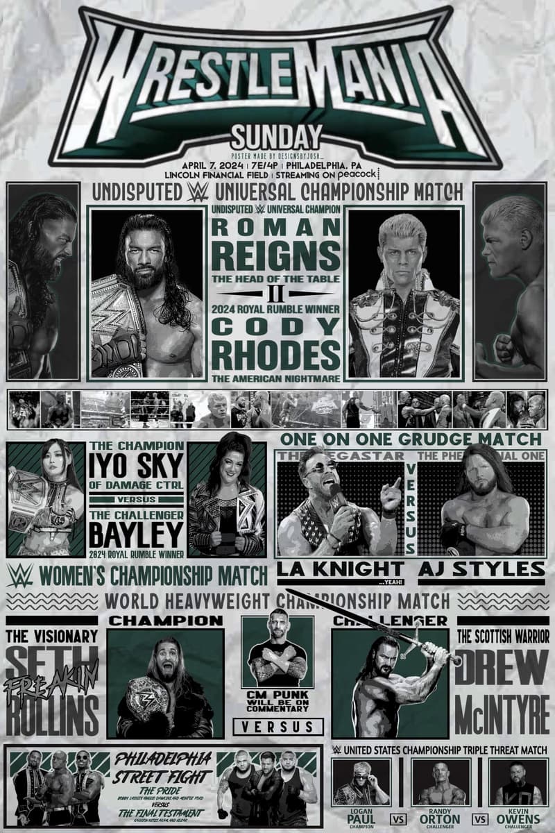 Roman Reigns, LA Knight, Logan Paul, Iyo Sky, Bayley - at Lincoln Financial Field - Philadelphia, PA - Apr 7, 2024