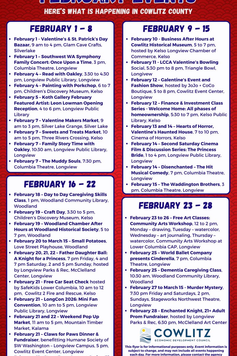 The Muddy Souls, El Javi, Leon Lowman, World Ballet Company, The Waddington Brothers - at Multiple venues - Columbia Theatre, Triangle Bowl, Cowlitz Event Center, Longview Public Library, McClelland Center, Stageworks Northwest Theatre, Woodland Community Library, Children's Discovery Museum, Silver Lake Grange, Three Rivers Crossing, Love Street Playhouse, Mountain Timber Market, Community Arts Workshop Lower Columbia CAP - Longview, Kelso, Woodland, Silverlake, Kalama, WA