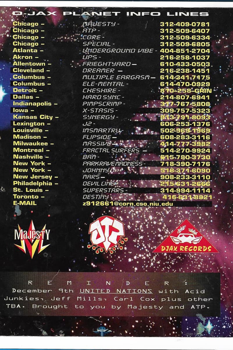 Flipside, Underground Vibe, Carl Cox, Hard Sync, Parkravemadness - Multiple cities listed (Chicago, Atlanta, Akron, Allentown, Cleveland, Columbus, Detroit, Dallas, Indianapolis, Iowa, Kansas City, Lexington, Louisville, Madison, Milwaukee, Montreal, Nashville, New York, New Jersey, Philadelphia, St. Louis, Toronto)