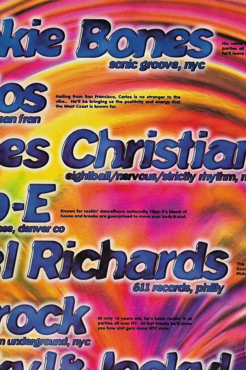 Hooky & Jaded (partially visible), James Christian, Hipp-E, Nigel Richards, Kliprock - at Get Freaky (referenced in text) - Multiple cities represented; event likely in Indiana, IN - Nov 9, 1996