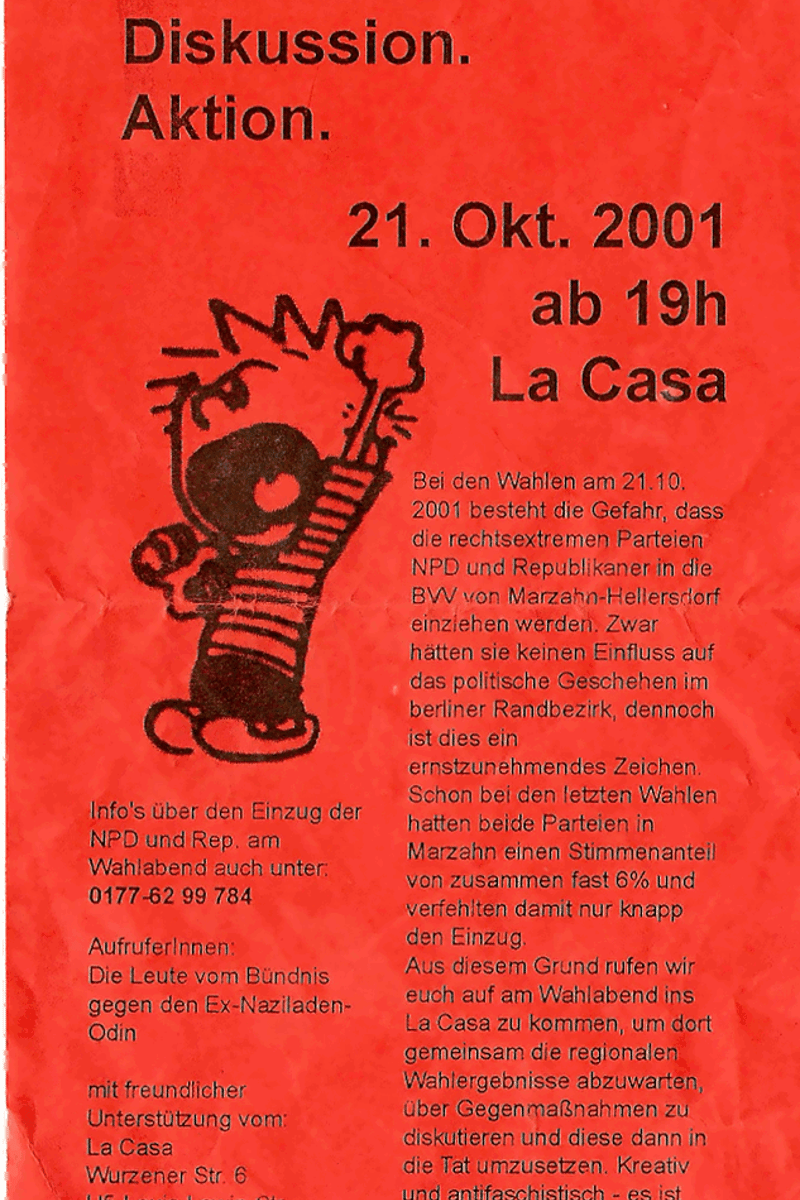 mit freundlicher Unterstützung vom: La Casa, Kneipe: Information. Diskussion. Aktion - at La Casa - Berlin (Marzahn-Hellersdorf) - Oct 21, 2001