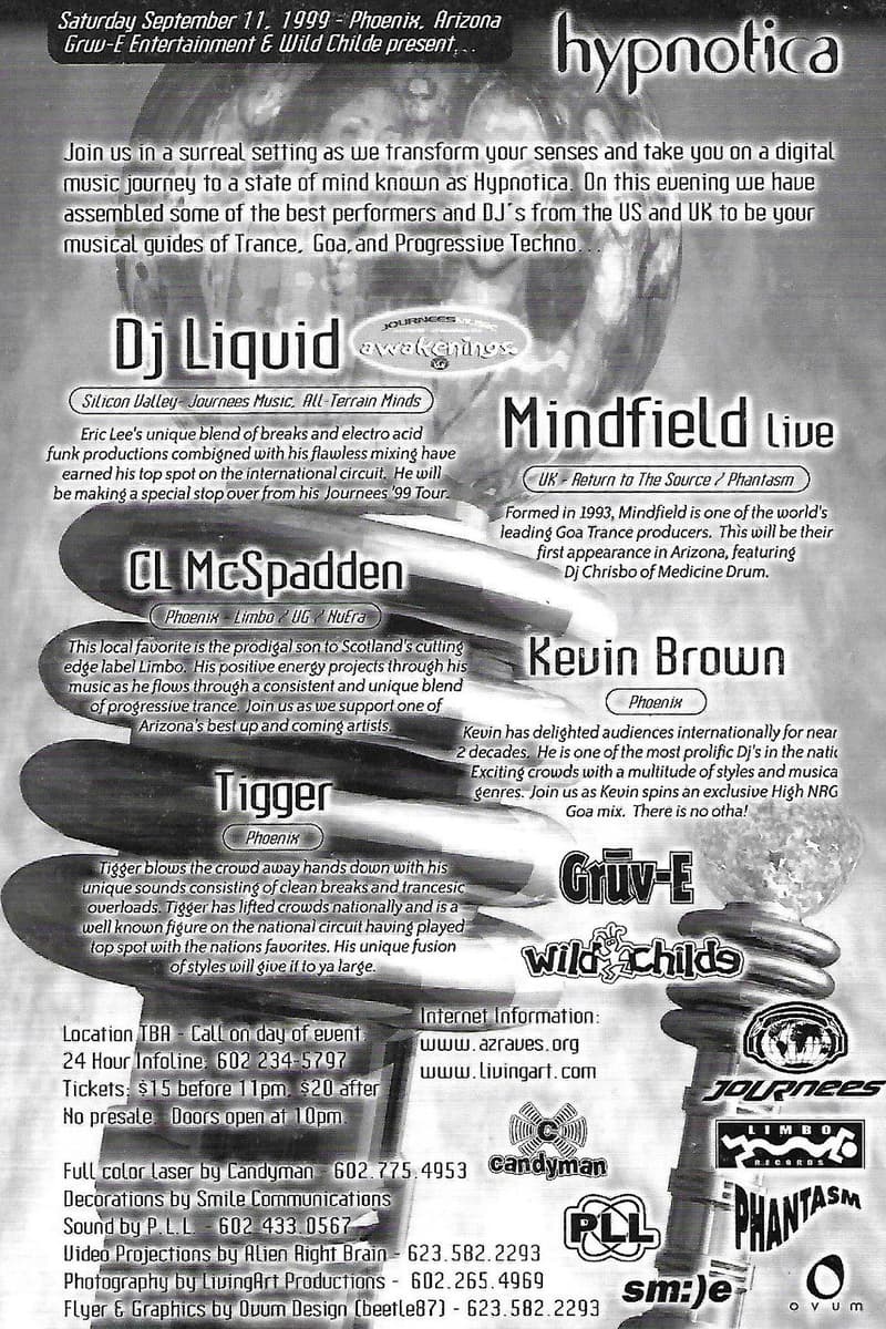 DJ Liquid, Mindfield Live, Kevin Brown, Tigger, CL McSpadden - at TBA - Phoenix, AZ - Sep 11, 1999