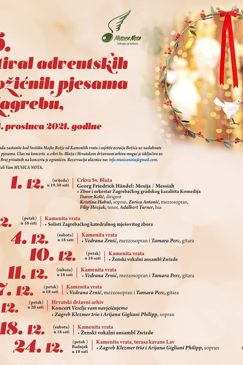 Filip Hozjak, Arijana Gigliani Philipp, Zorica Antonić, Solisti Zagrebačkog katedralnog mješovitog zbora, Tamara Perc - at Multiple venues: Crkva Sv. Blaža, Kamenita vrata, Hrvatski državni arhiv, Kamenita vrata terasa kavane Lav - Zagreb - Dec 1, 2021