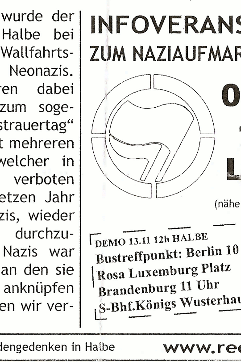 Bündnis gegen das Heldengedenken in Halbe, Infoveranstaltung zum Naziaufmarsch in Halbe - at La Casa - Berlin - Nov 7, 2004