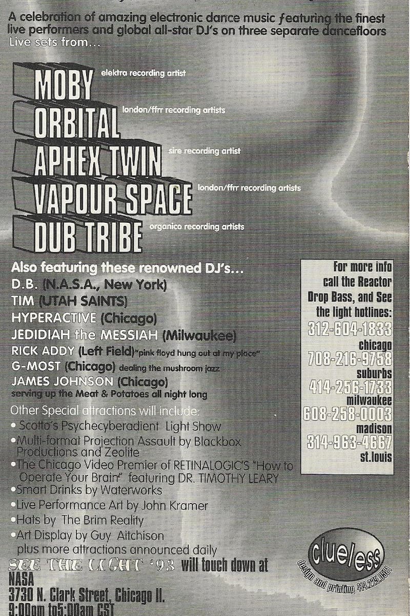 Orbital, Aphex Twin, Jedidiah the Messiah, Rick Addy (Left Field), G-Most - at NASA - Chicago, IL - Nov 6, 1993