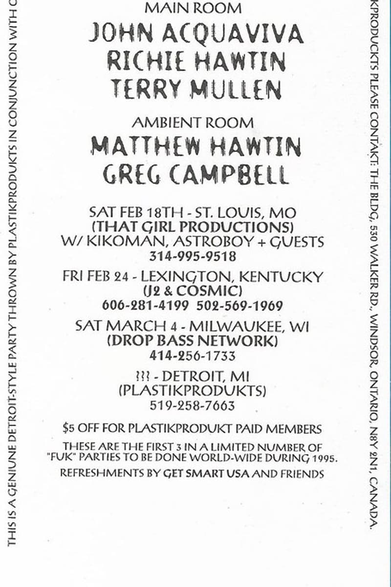 John Acquaviva, Kikoman, Terry Mullen, AstroBoy, Richie Hawtin - Multiple cities: St. Louis, Lexington, Milwaukee, Detroit, MO, KY, WI, MI - Feb 18, 1995