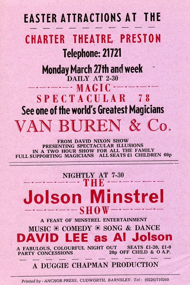 David Lee as Al Jolson, Van Buren & Co. - at Charter Theatre - Preston - Mar 27, 1978