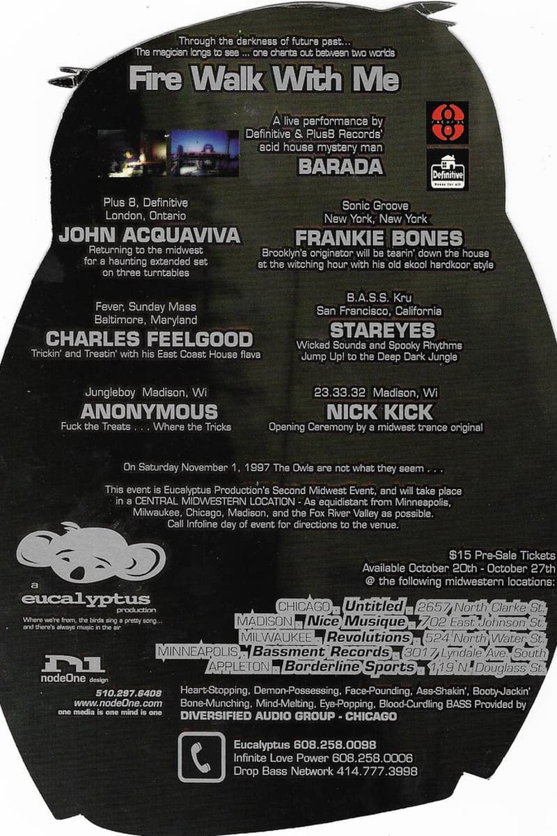John Acquaviva, Stareyes, Charles Feelgood, Anonymous, Nick Kick - at Central Midwestern Location (undisclosed, call infoline for directions) - Central Midwest (equidistant from Minneapolis, Milwaukee, Chicago, Madison, and Fox River Valley) - Nov 1, 1997