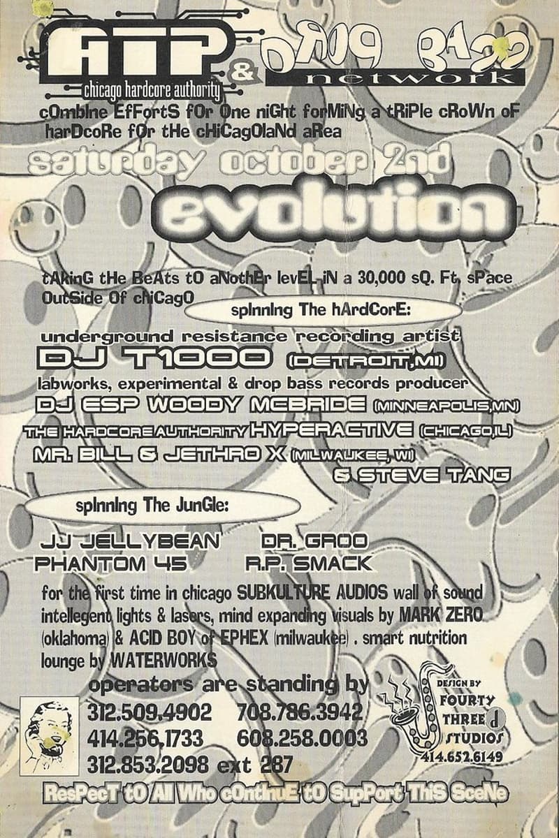 Phantom 45, DJ ESP Woody McBride, DJ T1000, Steve Tang, The Hardcore Authority Hyperactive - at Evolution - Chicago (outside), IL - Oct 2, 1999