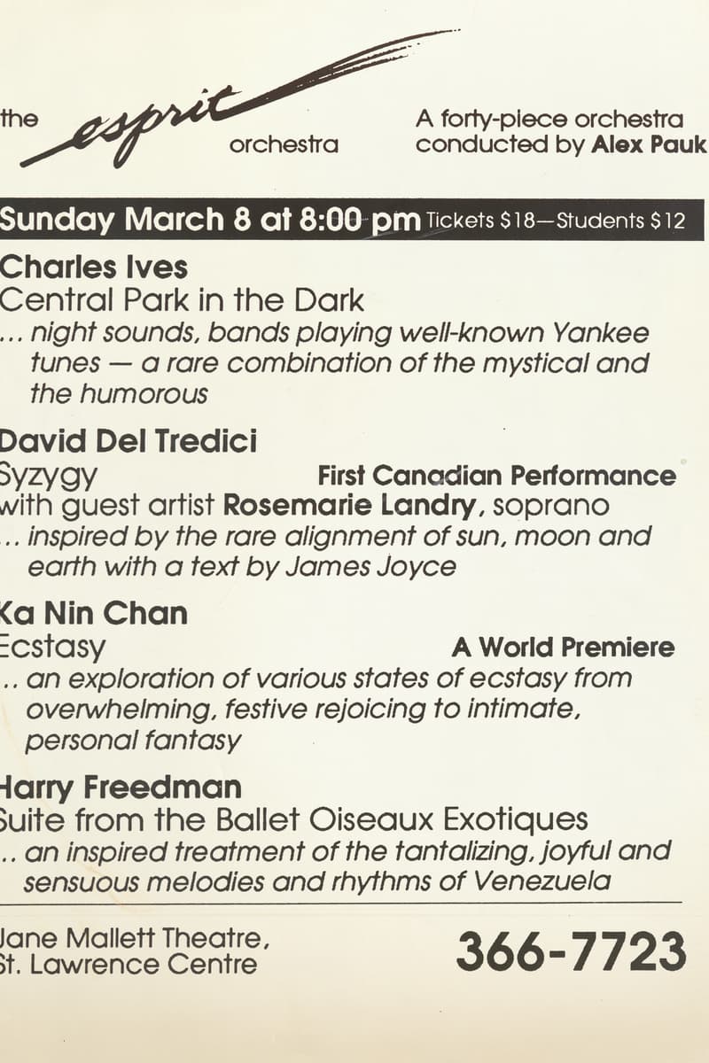 Rosemarie Landry, Harry Freedman, Charles Ives, Ka Nin Chan, David Del Tredici - at Jane Mallett Theatre, St. Lawrence Centre - Toronto