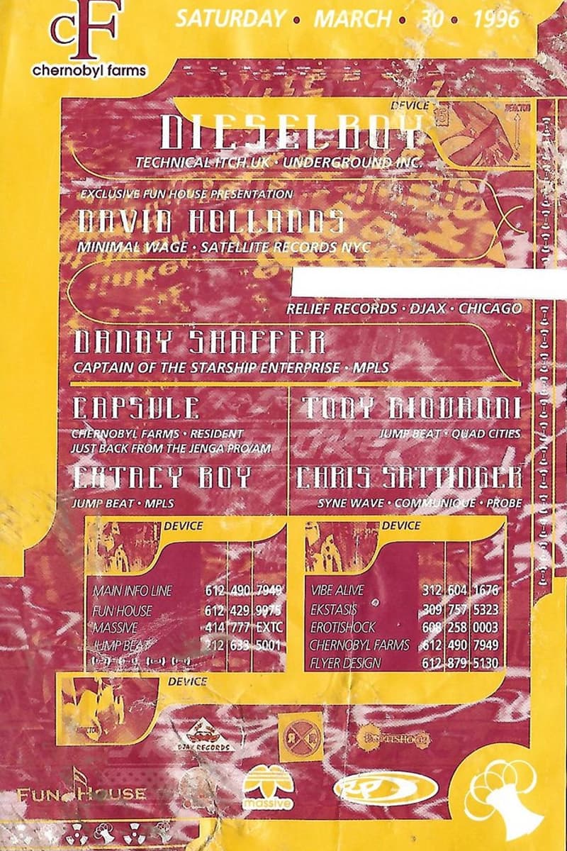 David Hollands, Dieselboy, Chris Sattinger, Capsule, Extacy Boy - at Chernobyl Farms - Mar 30, 1996