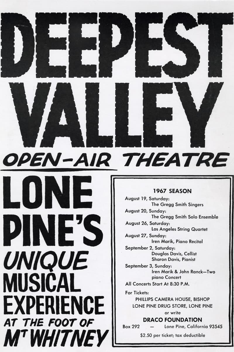 Iren Marik (Piano Recital), The Gregg Smith Solo Ensemble, Douglas Davis (Cellist), Los Angeles String Quartet, Iren Marik & John Ranck (Two Piano Concert) - at Deepest Valley Open-Air Theatre - Lone Pine, CA