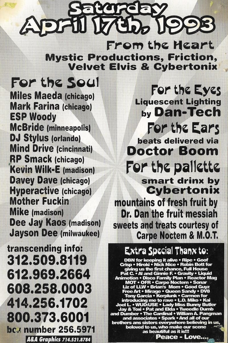 Mark Farina, Mother Fuckin Mike, Davey Dave, Miles Maeda, RP Smack - Madison, WI (likely primary location based on multiple Madison DJs and 608/414 area codes), WI - Apr 17, 1993