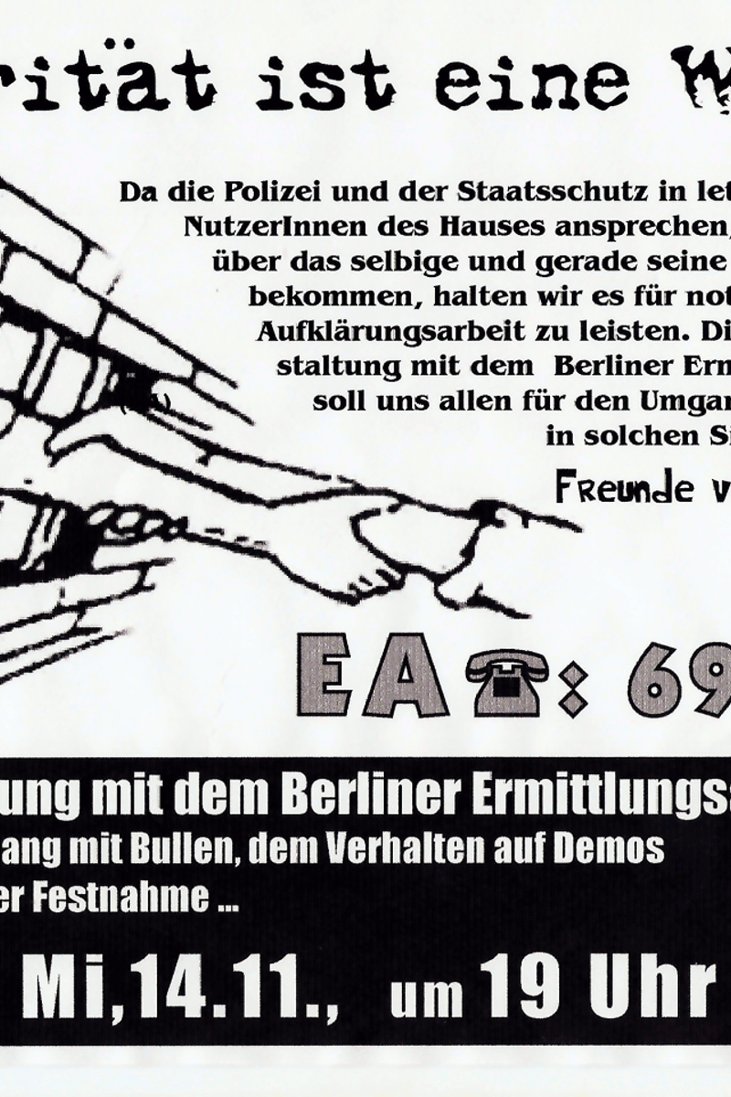 Solidarität ist eine Waffe ..., Infoveranstaltung mit dem Berliner Ermittlungsausschuß, Infoladen Wort und Tat - at La Casa - Berlin - Nov 14, 2001