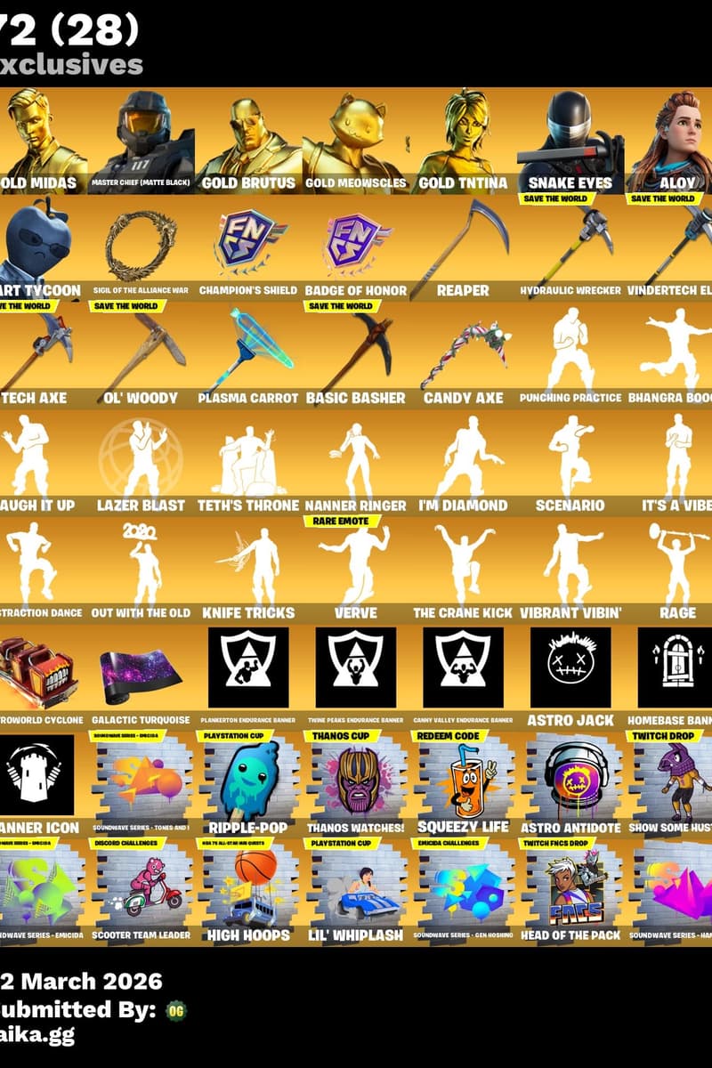 Gold TNTina, Andromeda, Tart Tycoon, Master Chief (Matte Black), Unchained Ramirez - Mar 22, 2026