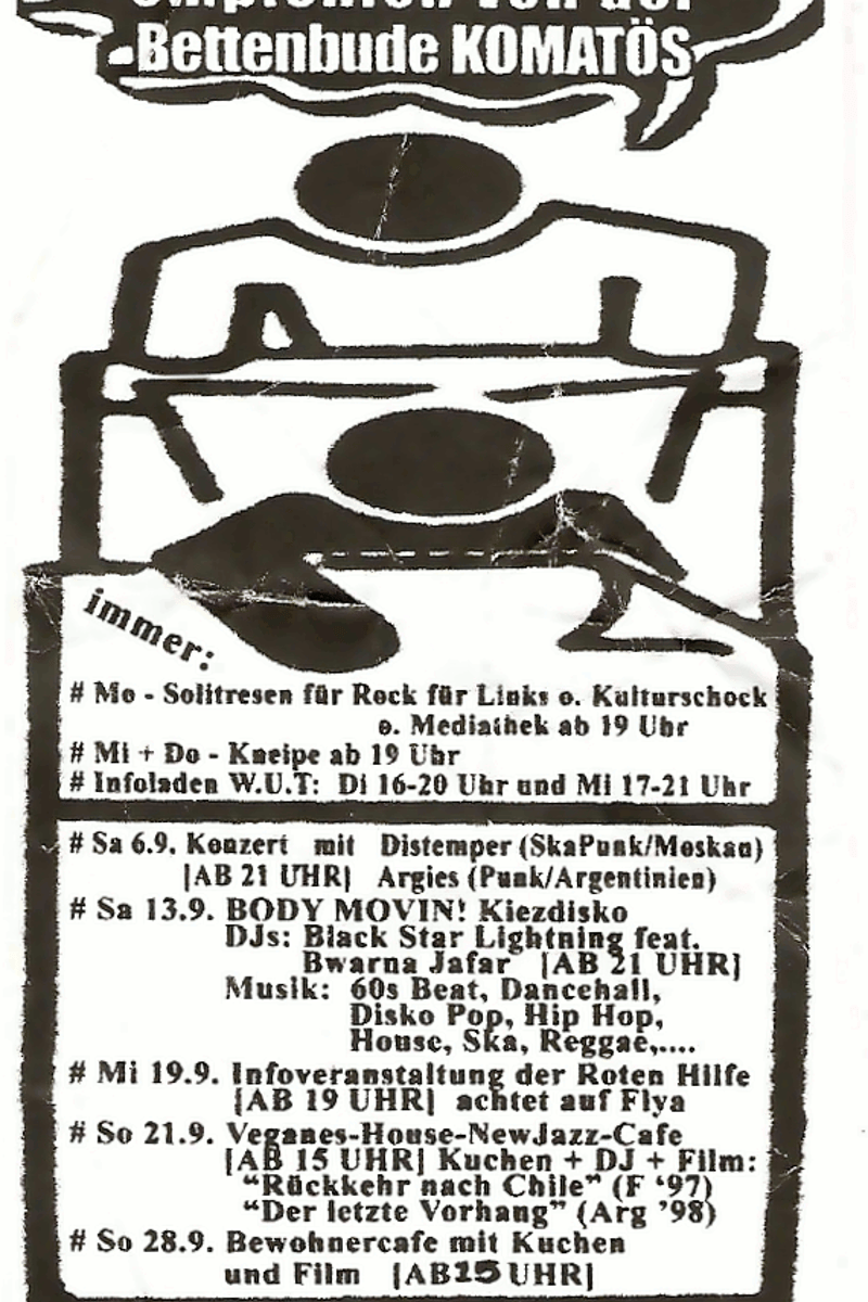 # Sa. 6.9. Konzert mit Distemper, # Infoladen W.u.T: Di 16-20 Uhr und am Mi 17-21 Uhr, www.la-casa.tk, keine Köter auf Konzis! No Macker! No Nazis!, # Mi + Do - Kneipe ab 19 Uhr - at La Casa - Berlin