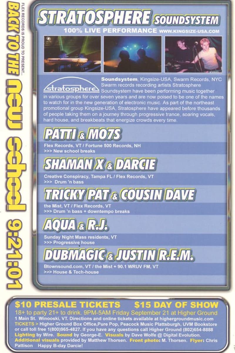 Stratosphere Soundsystem, Aqua, Cousin Dave, Mo7s, Patti - at Higher Ground - Winooski, VT - Sep 21, 2001