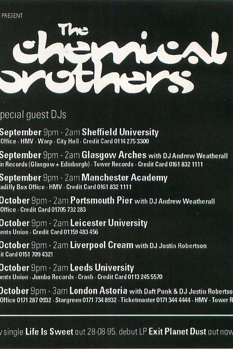 DJ Justin Robertson, Daft Punk, DJ Andrew Weatherall, The Chemical Brothers - at Multiple venues (tour flyer) - Multiple cities (Sheffield, Glasgow, Manchester, Portsmouth, Leicester, Liverpool, Leeds, London), United Kingdom
