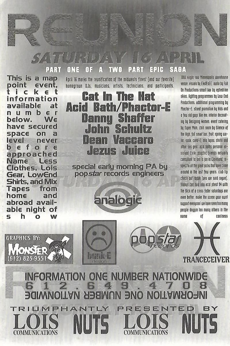 Jezus Juice, Acid Bath/Phactor-E, Analogic, Cat In The Hat, John Schultz - at 100% virgin raw Minneapolis warehouse venue - Minneapolis, MN - Apr 16, 1994