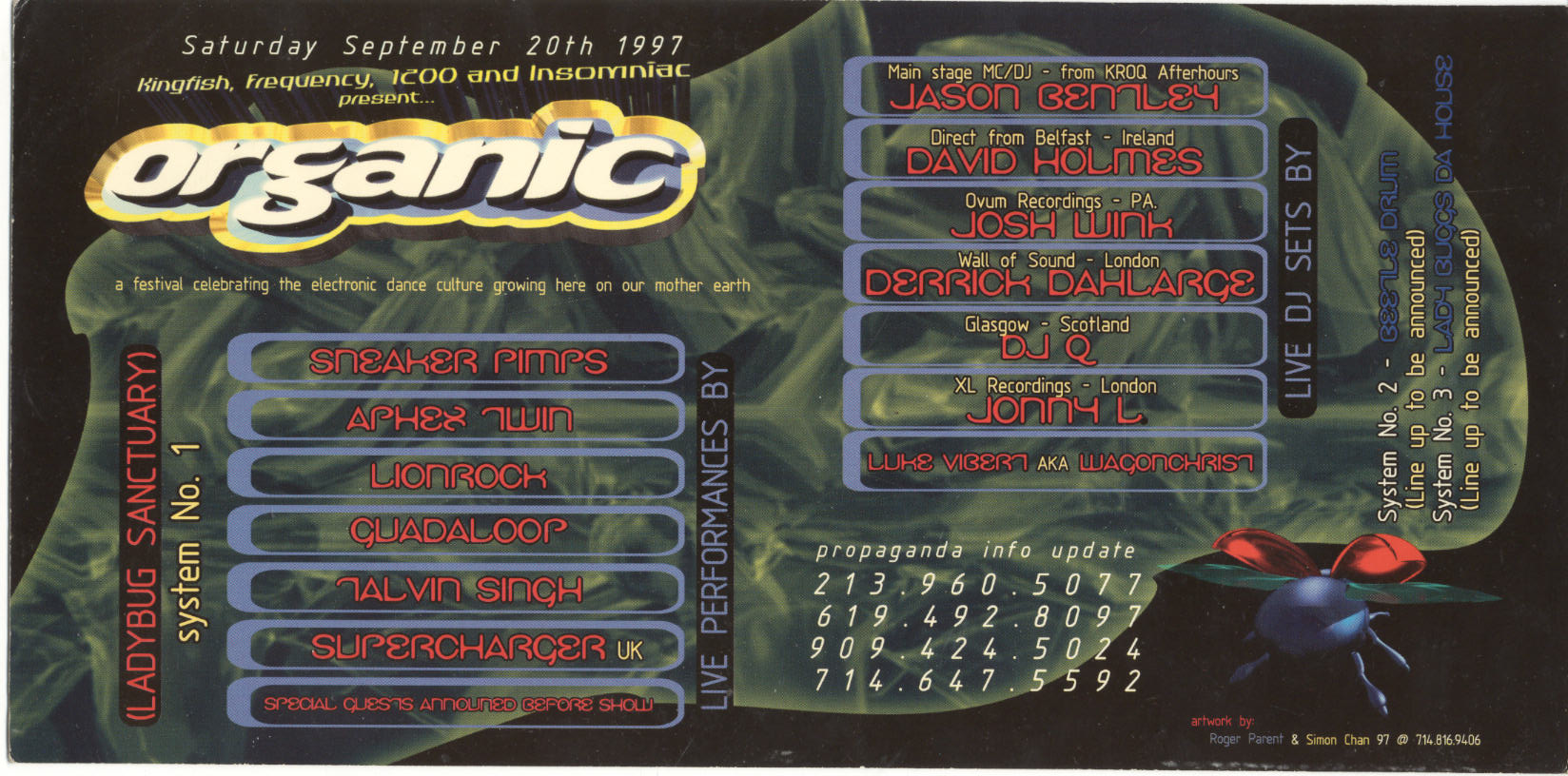 Jonny L, Lionrock, Aphex Twin, Guadaloop, Sneaker Pimps - at Organic - Ladybug Sanctuary - Sep 20, 1997