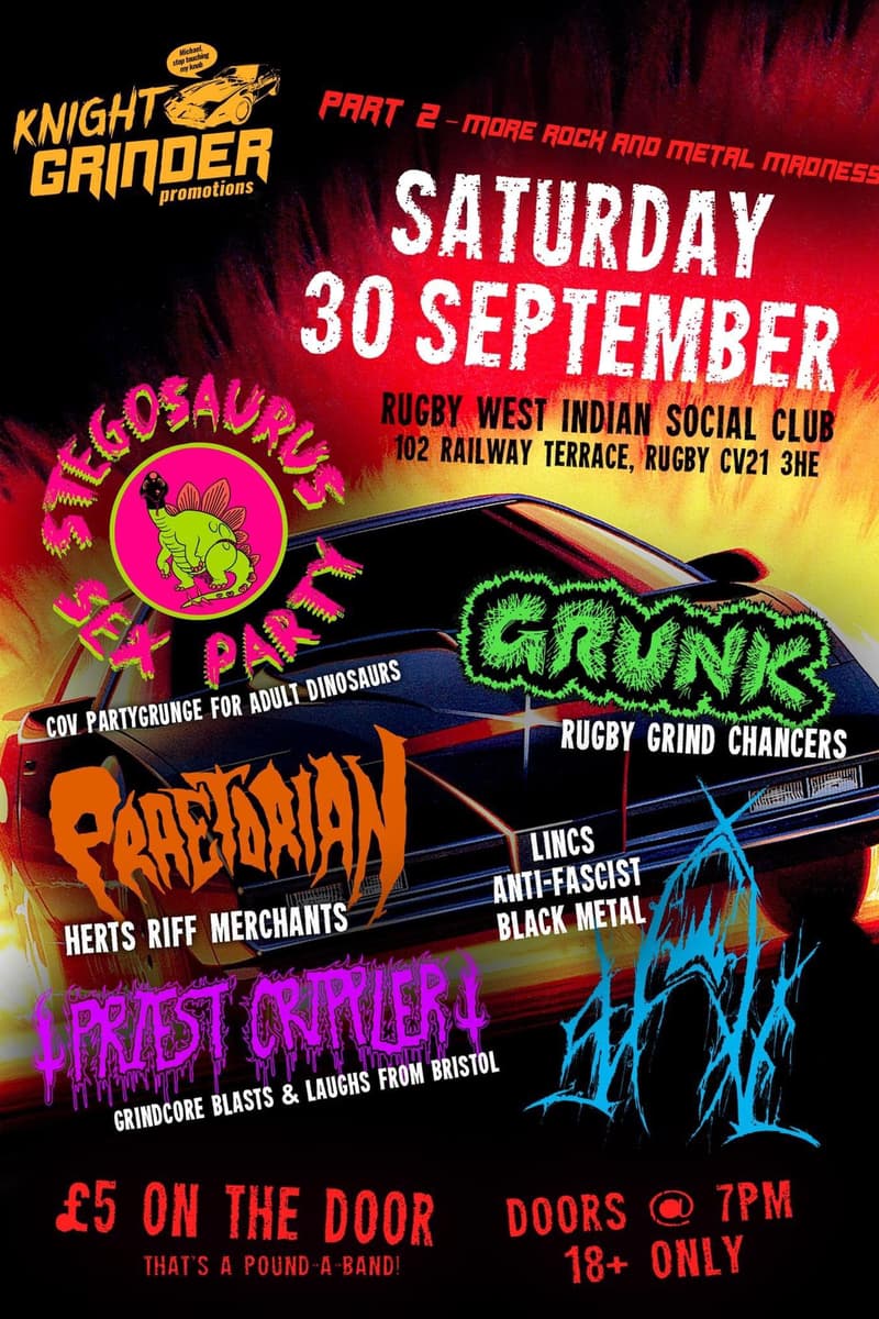 Priest Crippler, Zax (unreadable blue logo band), Grunk, Praetorian, Stegosaurus Sex Party - at Rugby West Indian Social Club - Rugby - Sep 30, 2023