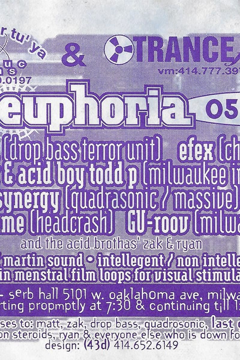 GU-roov (Milwaukee), Zak (The Acid Brothas), DJ Rackme (Headcrash), Synergy (Quadrasonic / Massive), Acid Boy Todd P (Milwaukee Innovative) - at Serb Hall - Milwaukee, WI - May 20, 1994