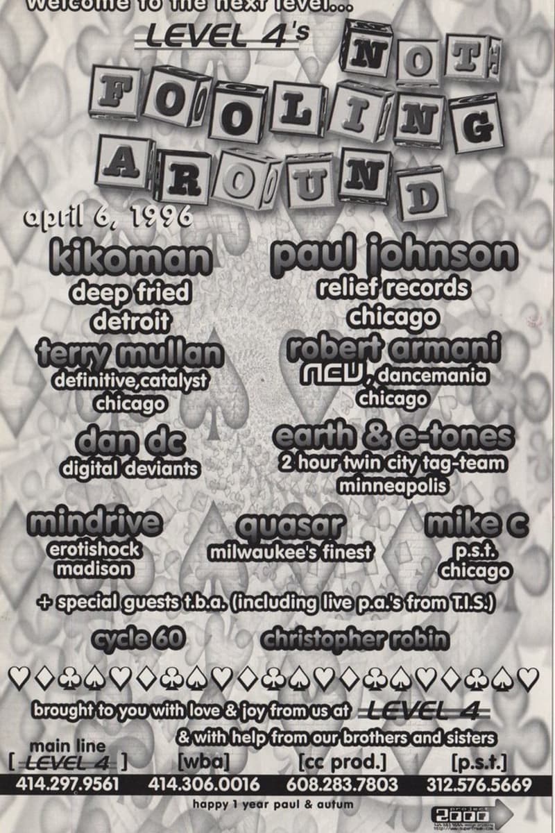 Dan DC, Terry Mullan, T.I.S., Kikoman, Christopher Robin - at Level 4 - Milwaukee, WI - Apr 6, 1996