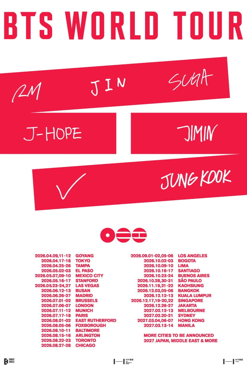 JIN, J-HOPE, JUNG KOOK, RM, JIMIN - Multiple cities worldwide - Apr 9, 2026