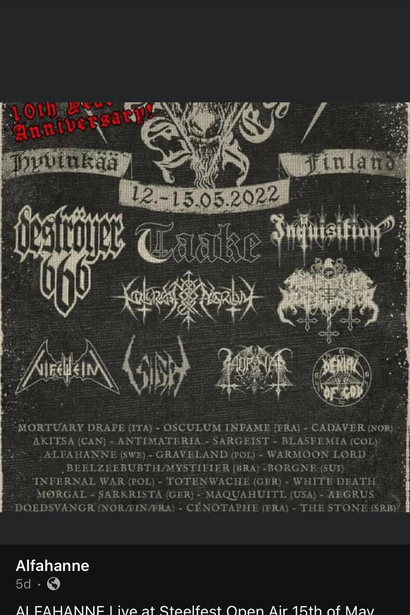 Taake, Cenotaphe, Nifelheim, Mystifier, Morgal - Hyvinkaa - May 12, 2022