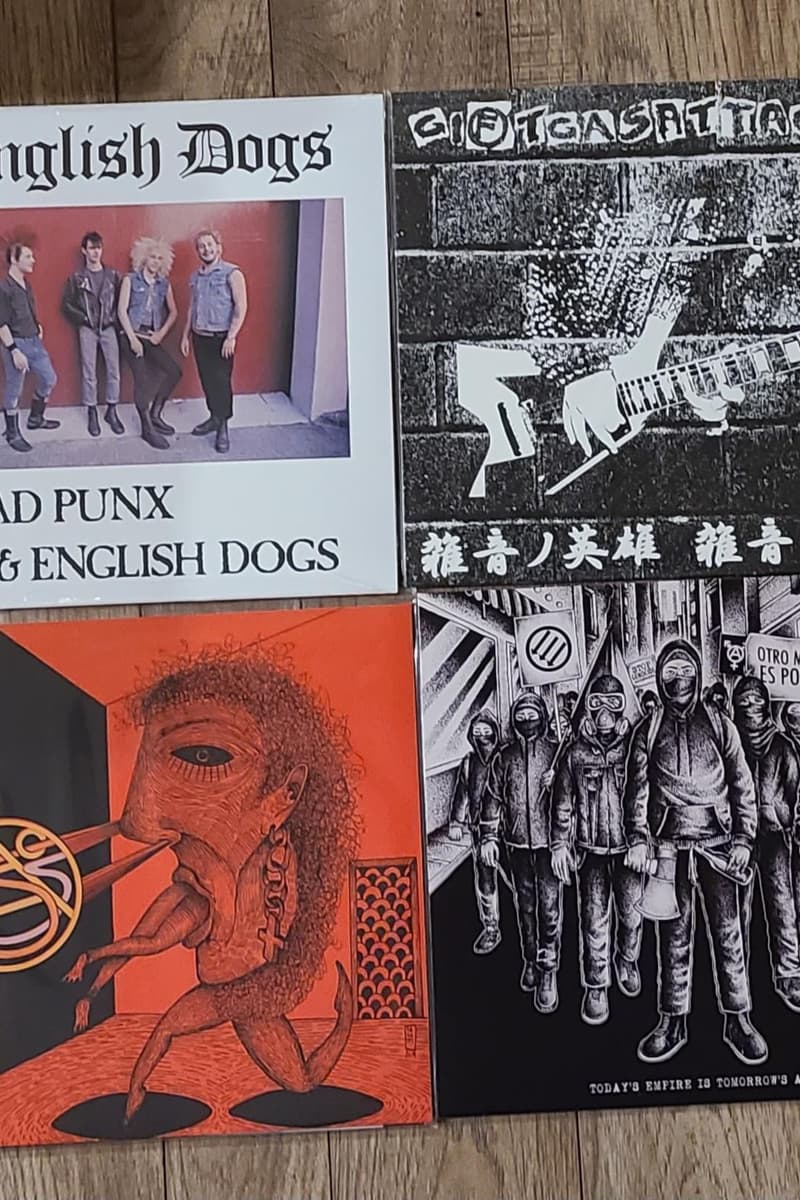 English Dogs, Unknown band (bottom right - 'Today's Empire Is Tomorrow's Ashes'), Lacs (or ASC/CAS - logo band), Giotgas Attack