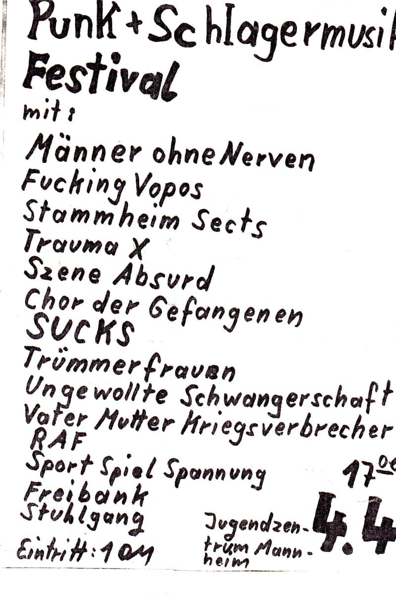 SUCKS, Vater Mutter Kriegsverbrecher, Stammheim Sects, Szene Absurd, Männer ohne Nerven - at Jugendzentrum Mannheim - Mannheim - Apr 4, 1981