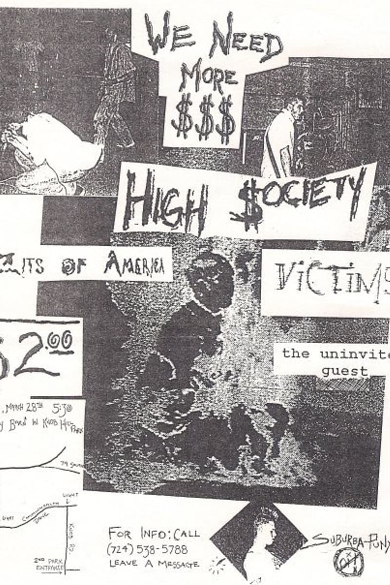 We Need More $$$, The Uninvited Guest, Idiots of America, High $ociety, Victims - at VFW Post or similar (partially legible - appears to read 'VFW Bnd in Kubd Hills') - Mar 28, 2001