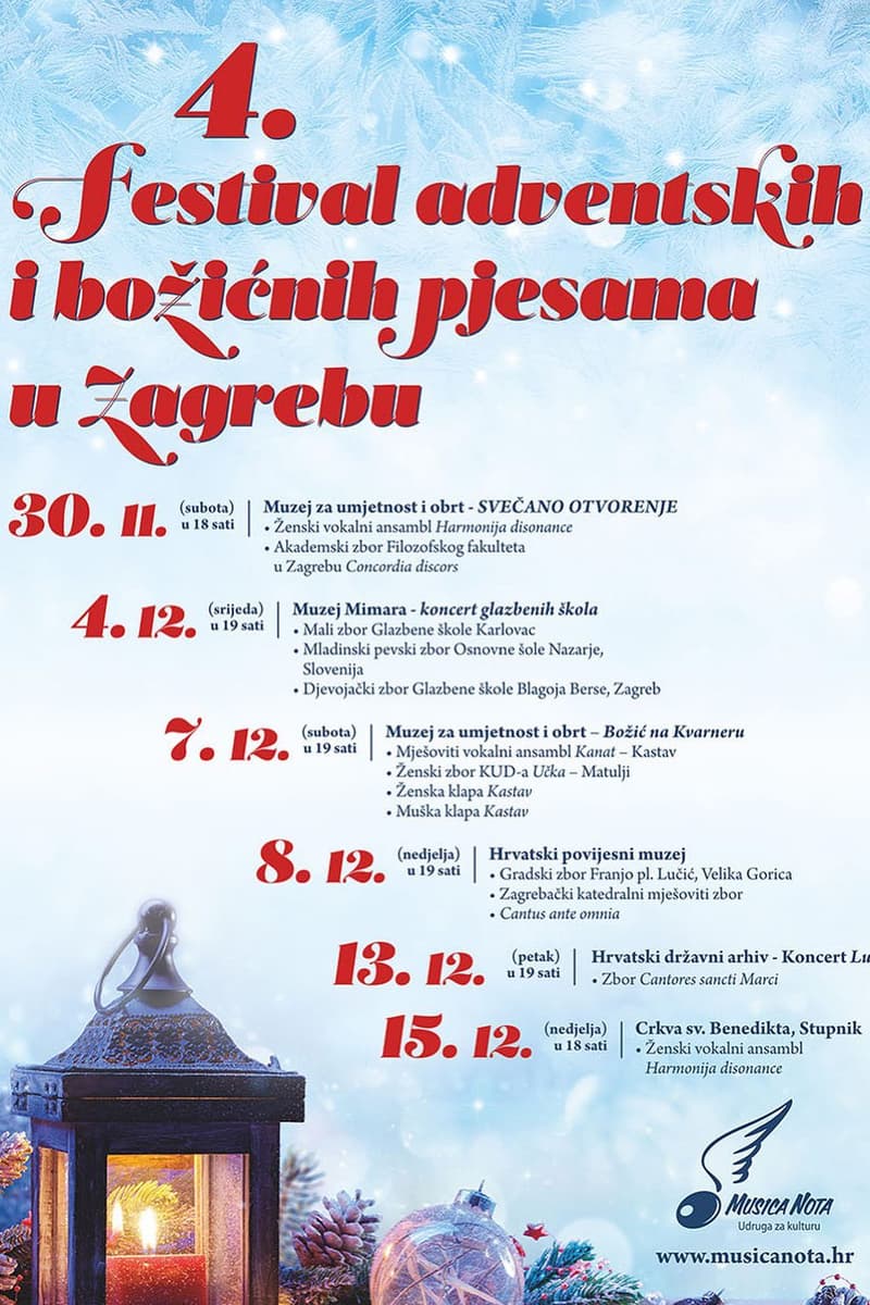 Gradski zbor Franjo pl. Lučić Velika Gorica, Mali zbor Glazbene škole Karlovac, Cantus ante omnia, Mladinski pevski zbor Osnovne šole Nazarje, Zbor Cantores sancti Marci - at Multiple venues: Muzej za umjetnost i obrt, Muzej Mimara, Hrvatski povijesni muzej, Hrvatski državni arhiv, Crkva sv. Benedikta Stupnik - Zagreb - Nov 30, 2024