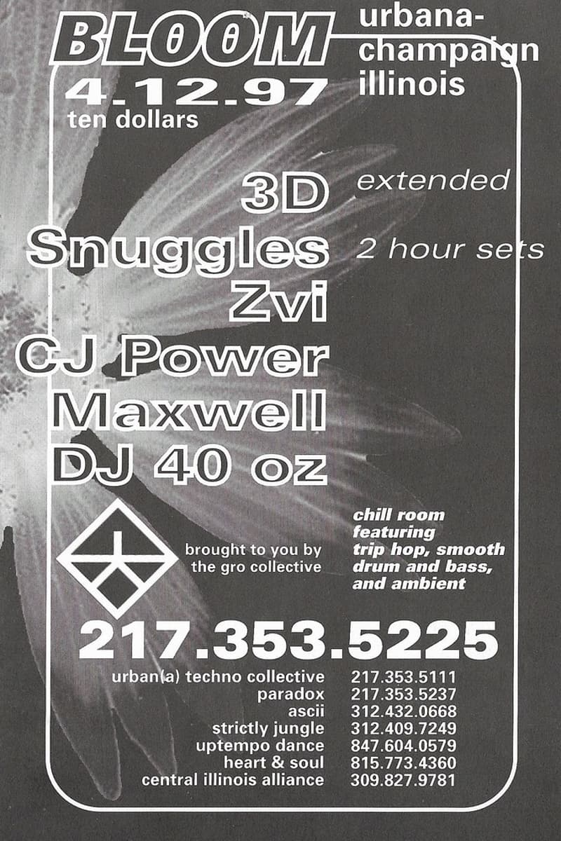 3D, Maxwell, Snuggles, CJ Power, DJ 40 oz - at Bloom - Urbana-Champaign, IL - Apr 12, 1997